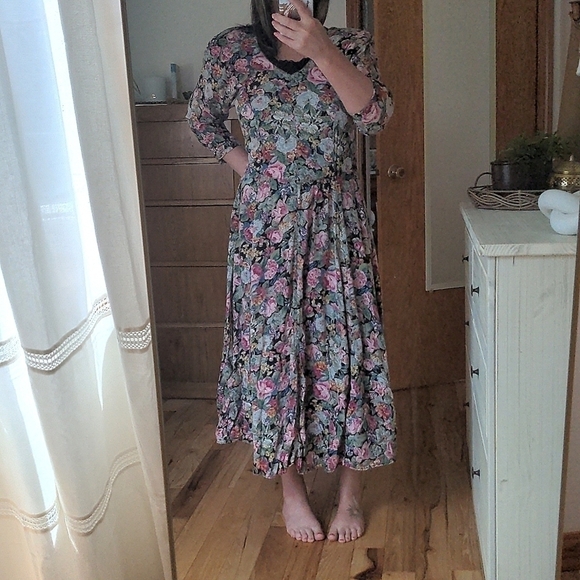 Vintage 80's 90's Floral Long Midi Dress - Picture 2 of 12